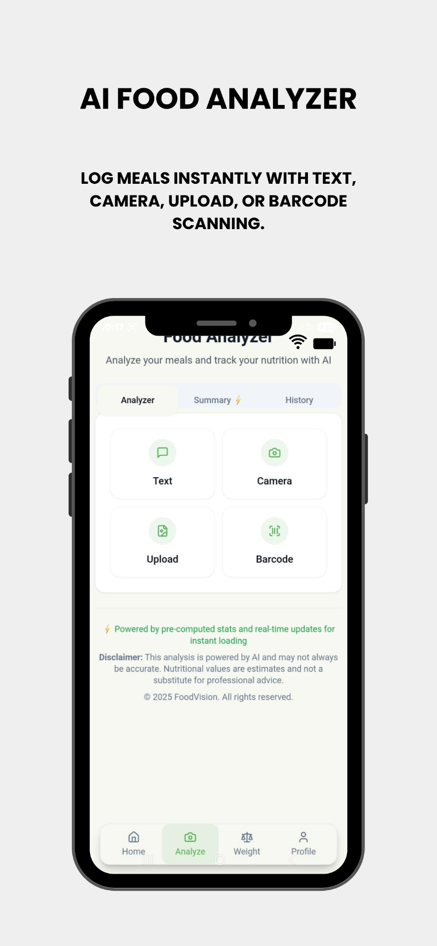 FoodVision AI analyzer screen with text, camera, upload and barcode options